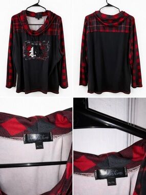 Intym Black & Red Plaid Cowl Neck Tee